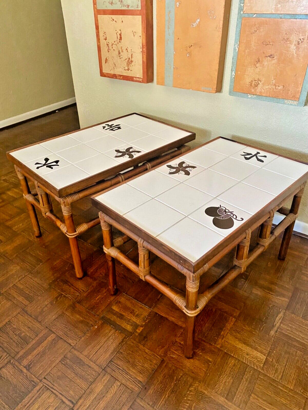 Rare John Wisner for Ficks Reed Asian Rattan Bamboo End Tables w/ Tile Tops