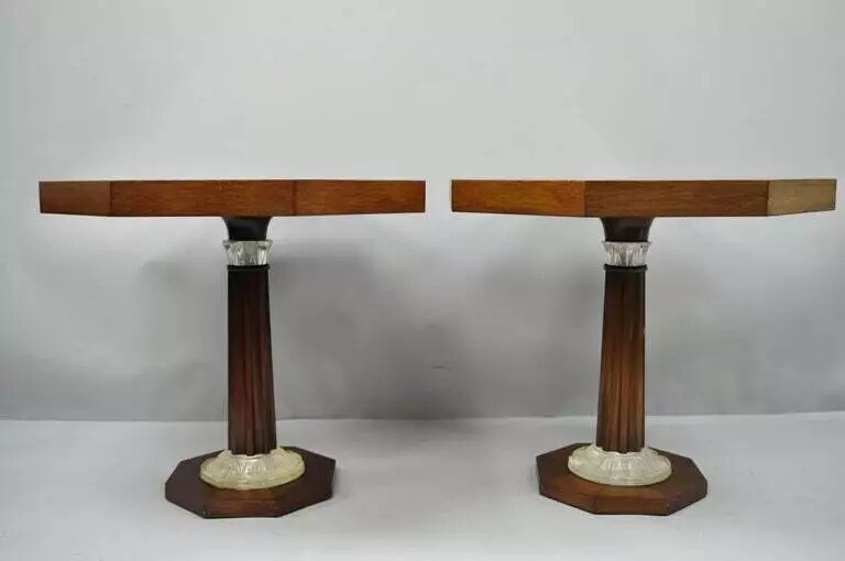 Art Deco Grosfeld House Style Octagonal Mahogany & Lucite Pedestal Side Tables gallery