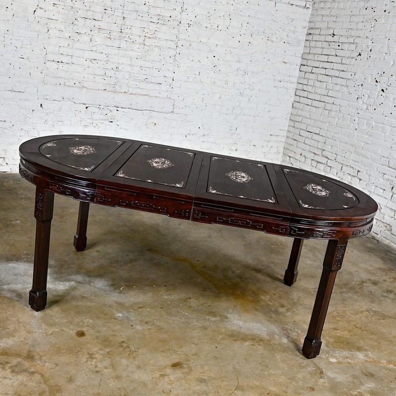 Chinoiserie Dining Table Rosewood & Mother of Pearl Round to Oval with 2 Leaves