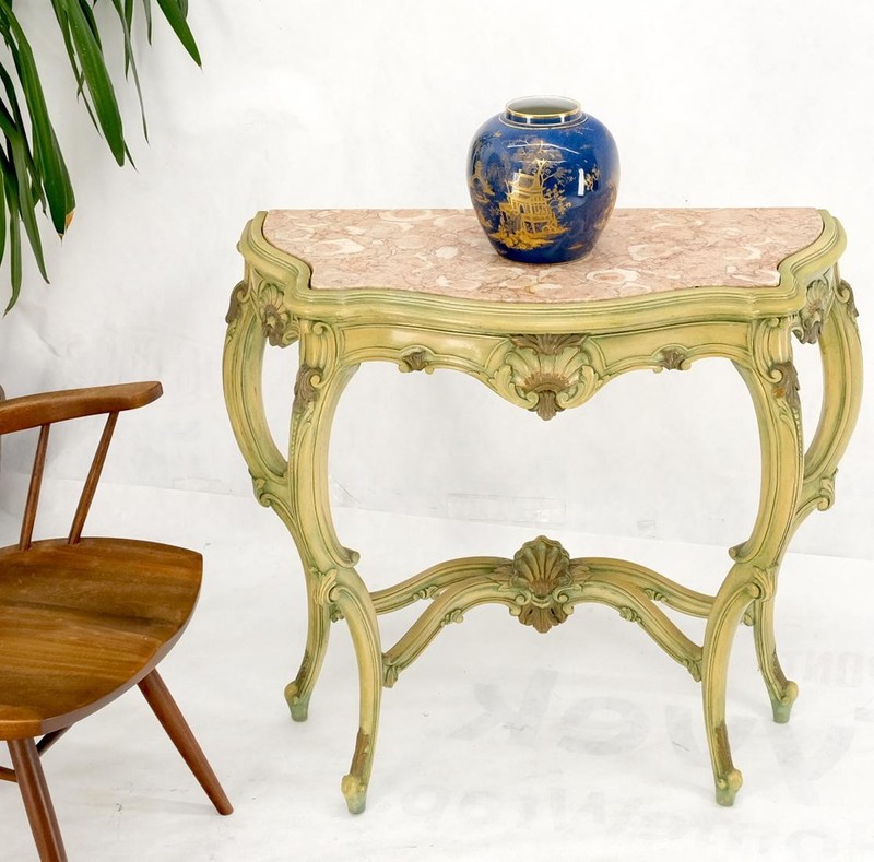 Carved French Regency Paint Decorated Console Table w/ Rouge Pink Marble Top gallery