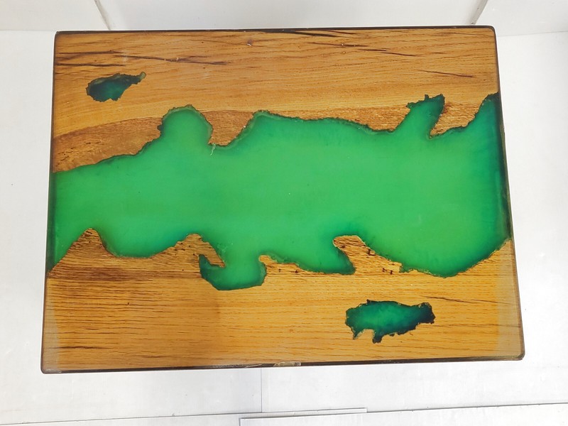Vintage 1970 Epoxy Resin Green Side Table & Solid Oak 70S Brutalist gallery