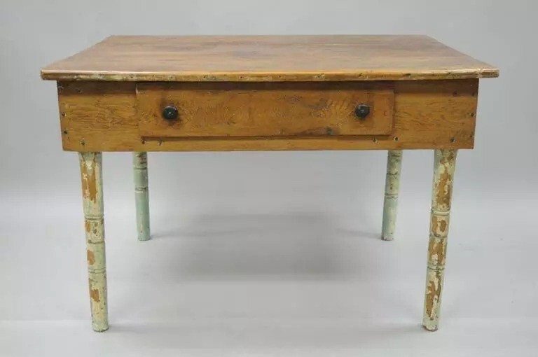 American Primitive Blue Green Distress Painted Rustic Barn Wood Farm Work Table gallery