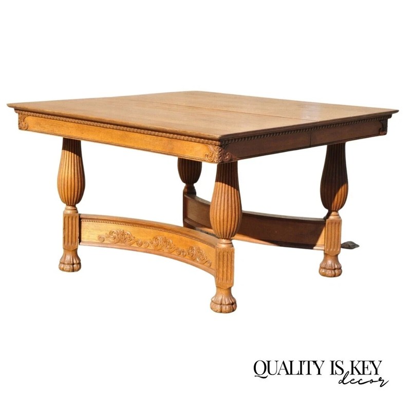 Antique Victorian Quarter Sawn Golden Oak 48″ Square Dining Table with 2 Leaves