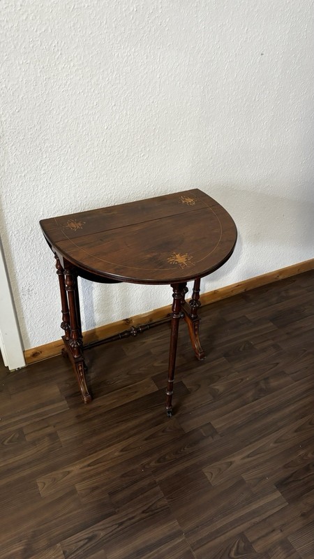 Antique Wooden Drop Leaf Oval Table with Ornate Legs, Inlay Detail, Brown gallery