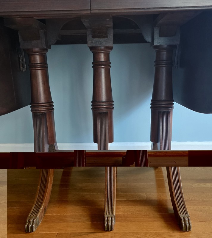 Antique Duncan Phyfe Style Triple Pedestal Mahogany Drop-Leaf Dining Table Claw gallery