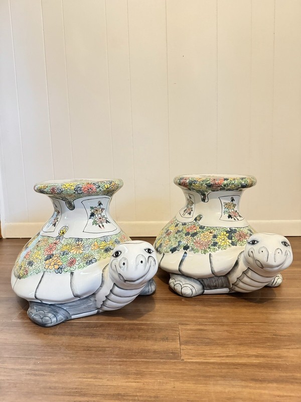 RARE! Set Of 2 MCM Hollywood Regency, Hand Painted Turtle Garden Tables gallery