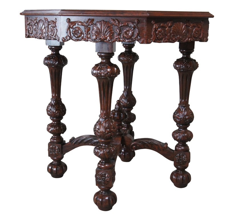 Antique Johnson Handley Johnson European Carved Walnut & Satinwood Octagon Table gallery