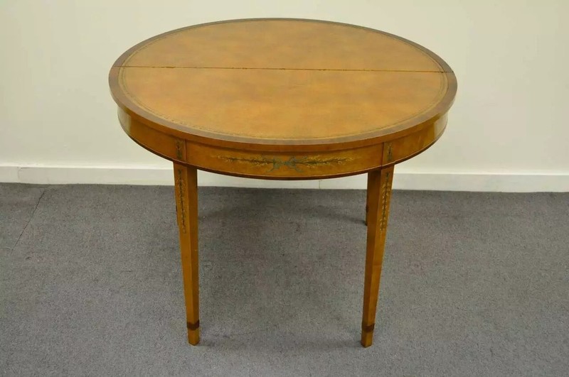 English Adams Style Hand Painted Leather Flip Top Demilune Console Game Table gallery