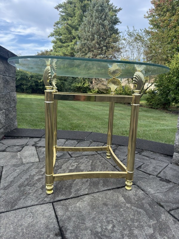 MCM Gold Lacquered Brass Shell Scallops End Table W/ Glass Top Coastal Regency