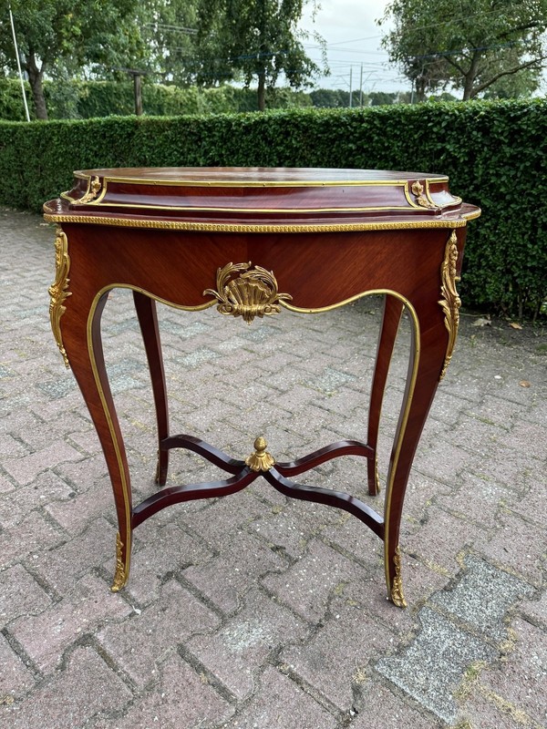 Side Table 1910 French Louis XVI Mahogany Bronze Pink Marble Top gallery