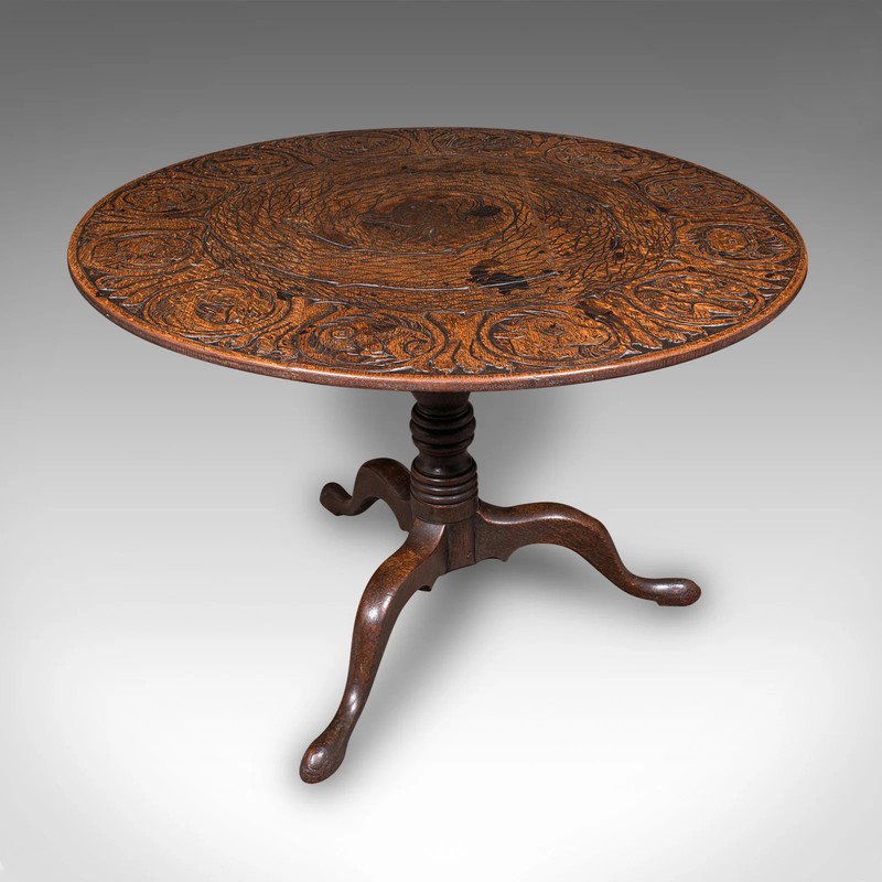 Antique Tarot Parlour Table, English, Oak, Zodiac Carving, Victorian, Circa 1870 gallery