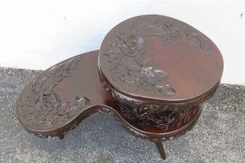 Heavy Carved Solid Mahogany Kidney Shape Two Tiers Coffee Table 5150 gallery