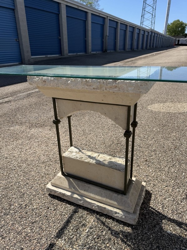 Vintage Postmodern Travertine & Glass Console Table 52” Sculptural Table gallery