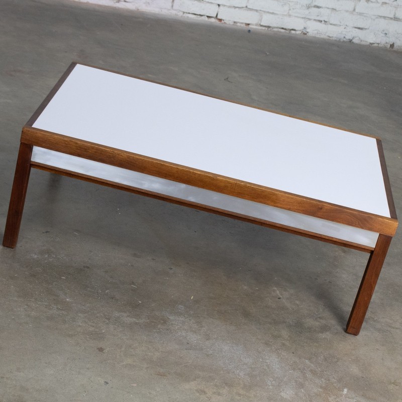 Mid-20th MCM Coffee or End Table Rectangular Walnut Frame & White Laminate Top gallery