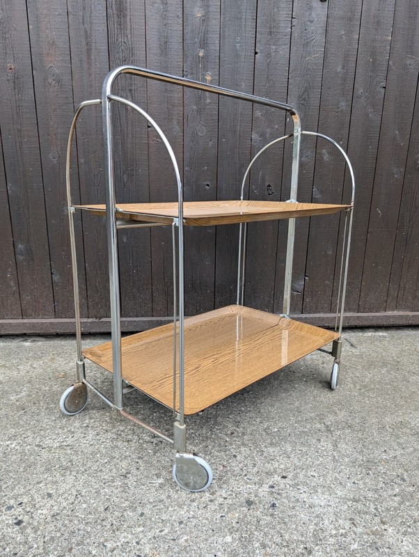 Dinette Serving Cart Tea Cart Table Side Table Oak Bar Chrome 70s Oak gallery