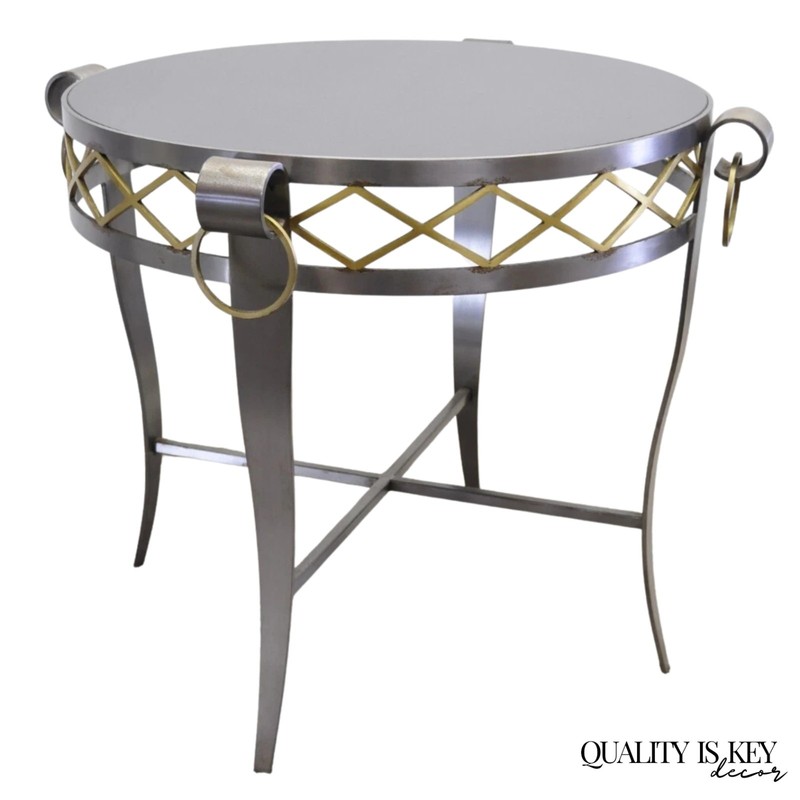 Neoclassical Maison Jansen Style Steel Black Marble Round Bouillotte Side Table
