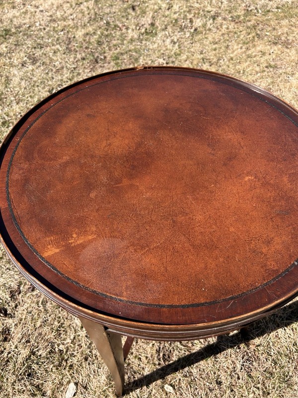 Art Deco Mahogany Round Side Table Leather Top Inlay Occasional Vintage gallery