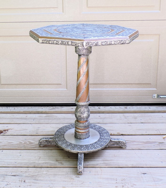 Vintage Moroccan Middle Eastern Style Metal Clad Wood Octagon Table Plant Stand gallery