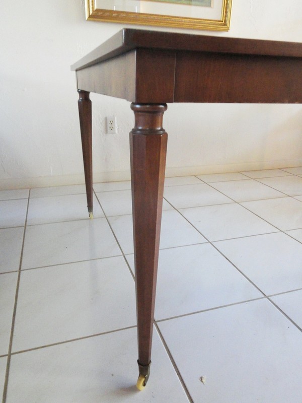 RARE 1950s WALTER WABASH PARQUETRY TOP & HEXAGONAL LEGS DINING TABLE w/ 2 LEAVES gallery
