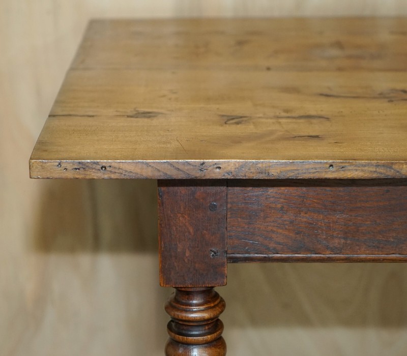 ANTIQUE FRENCH TWO PLANK TOP FARMHOUSE BURR FRUITWOOD REFECTORY DINING TABLE gallery