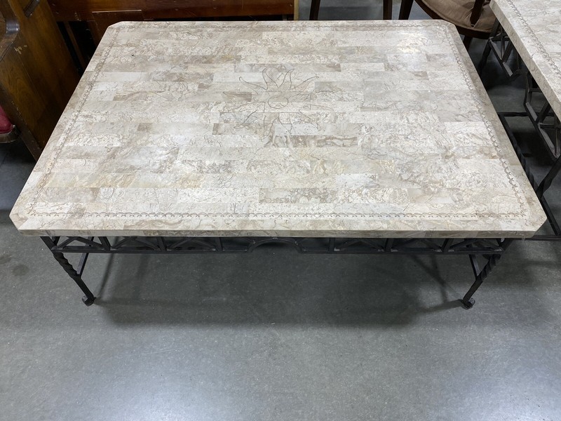 Vintage Tessellated Stone Coffee & End Table Sun Inlay Wrought Iron Frame