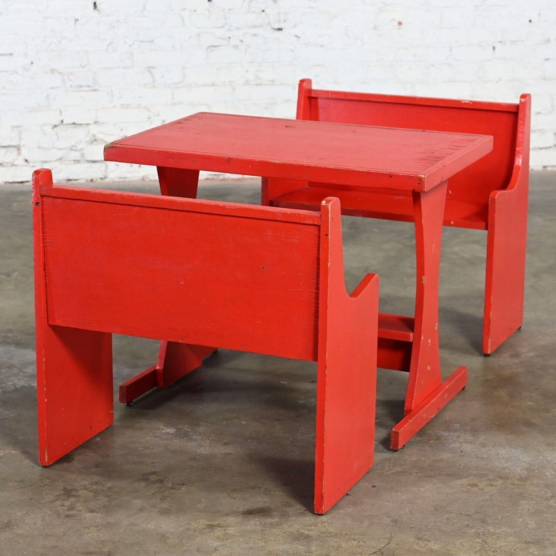 Rustic Red Children’s Hand Crafted Wood Diner Style Table & 2 Benches Set