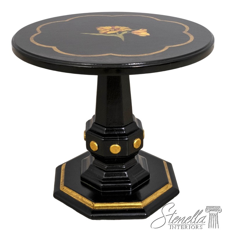 70373: Small Black & Gold Italian Style Floral Paint Decorated Pedestal Table