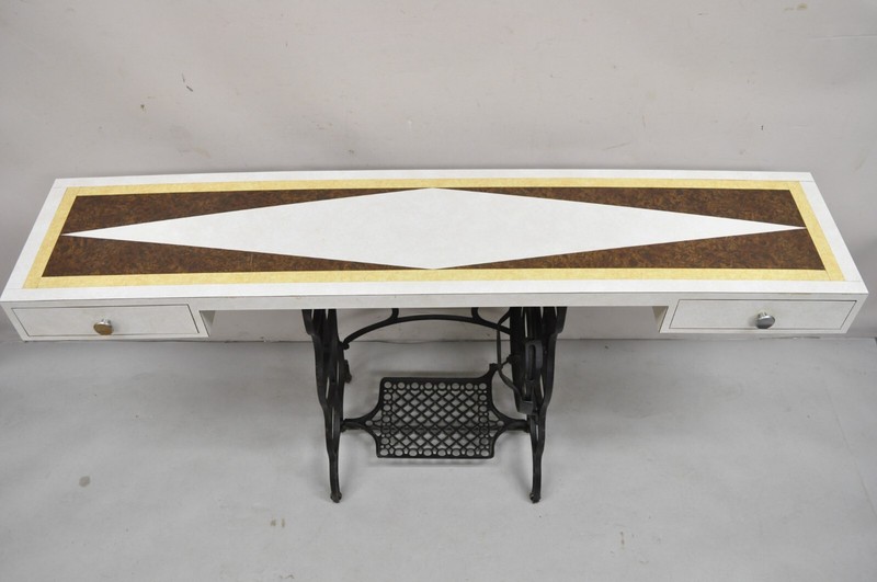 Vintage Mid Century Modern 65" Long Console Table w/ Iron Sewing Machine Base gallery