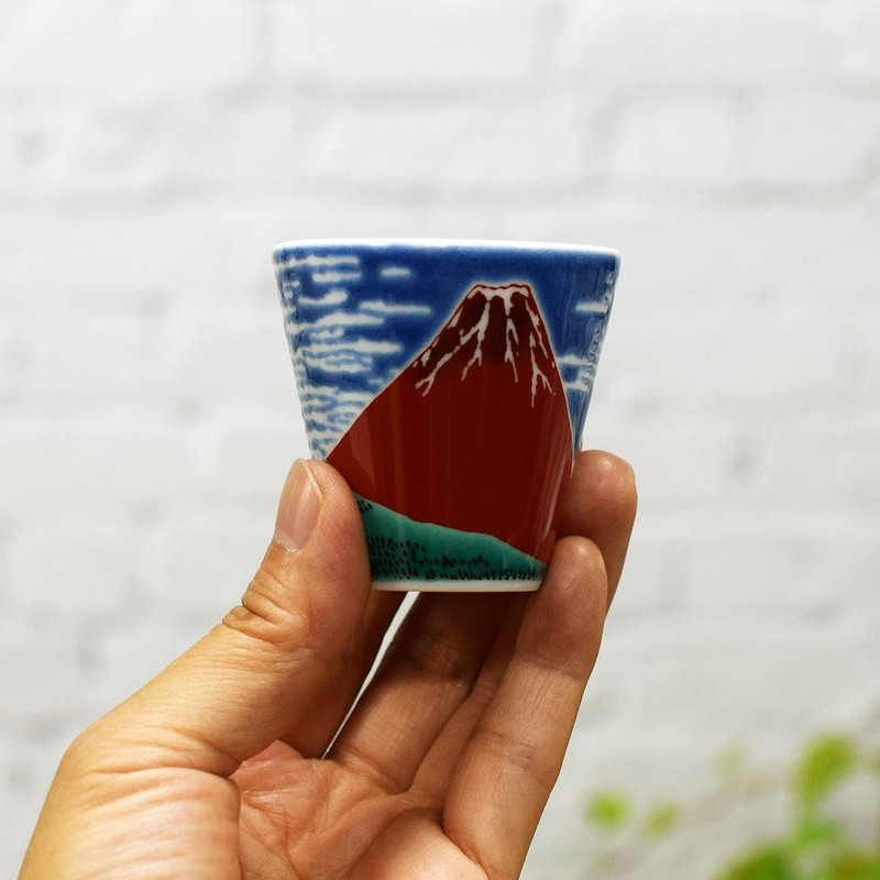 Lucky Sake Cup Kutani Ware Red Fuji Design Ceramic Japanese Tableware gallery