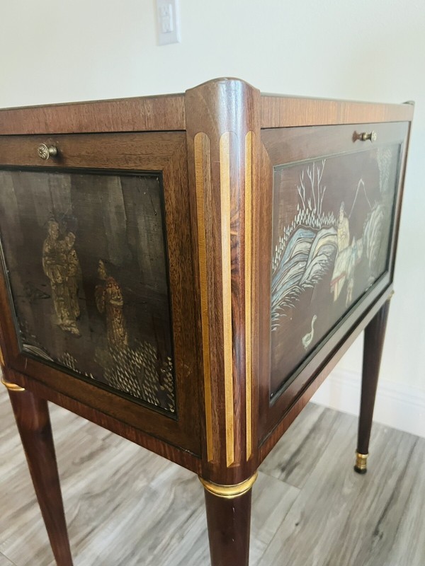 Antique 1920sFrench Japanned Serving Table Parquet, Glass Panels Carved Wood EUC gallery