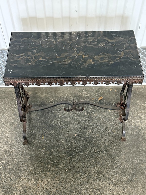 1920's Wrought Iron And Marble Top Table w Flowers gallery