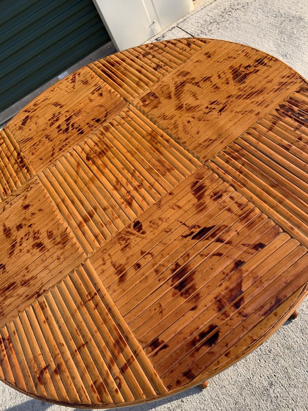 Vintage Bamboo Tortoise Shell Folding Bistro Table MCM 70s Rattan Furniture gallery