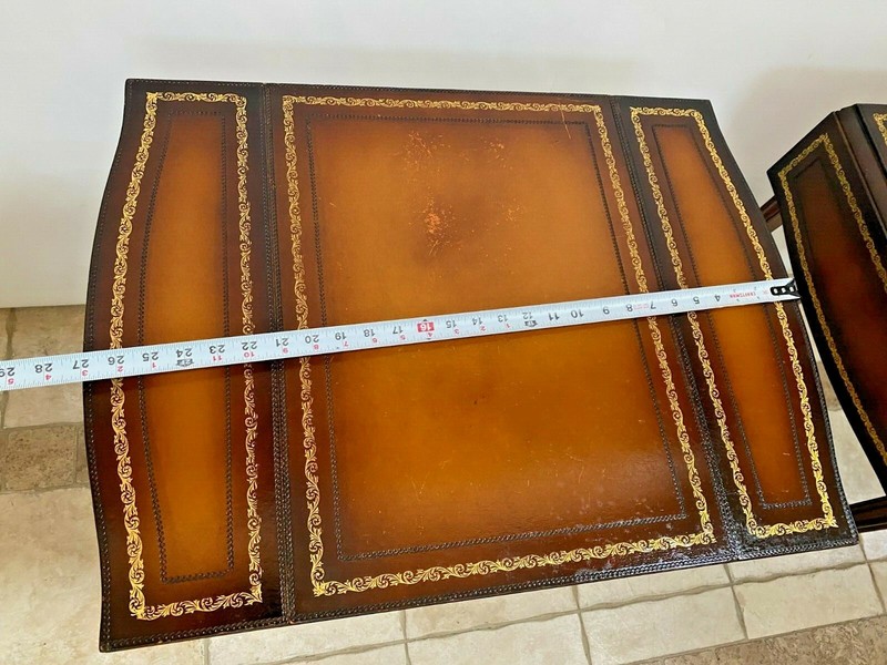 Vintage Pembroke Table set Tall expanding Nightstands embossed Leather Mahogany gallery