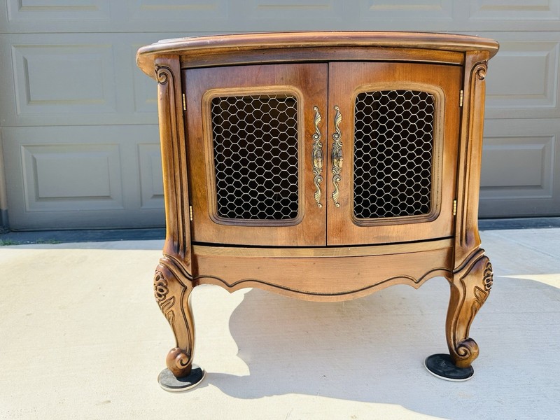 Beautiful Vintage French Provincial Maple Drum Table W/ Screened Window Doors gallery