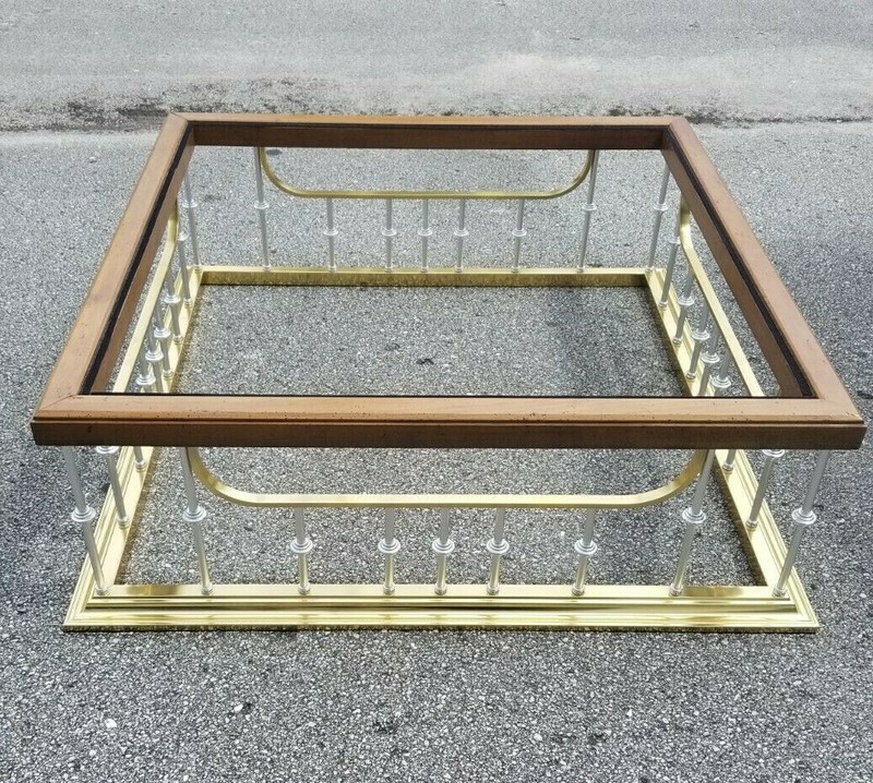 Erwin Lambeth Rare Silver Spindles Square Brass Oak Glass Coffee Table Stunning gallery