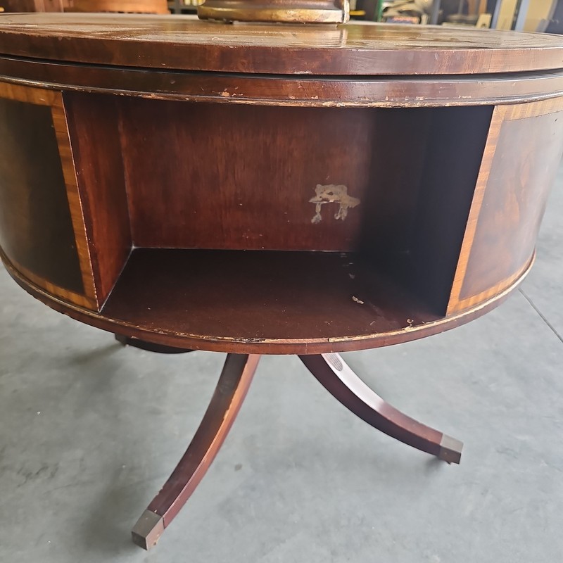 Antique-style Duncan Phyfe drum table W/ a circular leather-inlaid top gallery