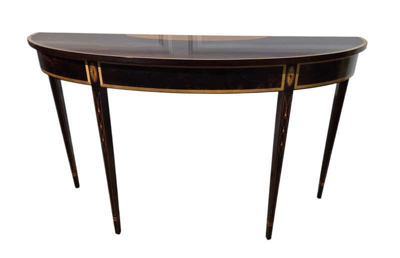 Stickley Federal Style Demilune Mahogany Inlaid Yew Wood Hall Console Table