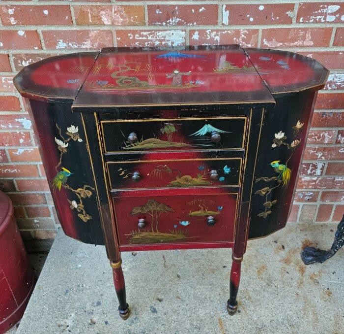 Antique Chinoiserie Painted Martha Washington Sewing Cabinet Stand gallery