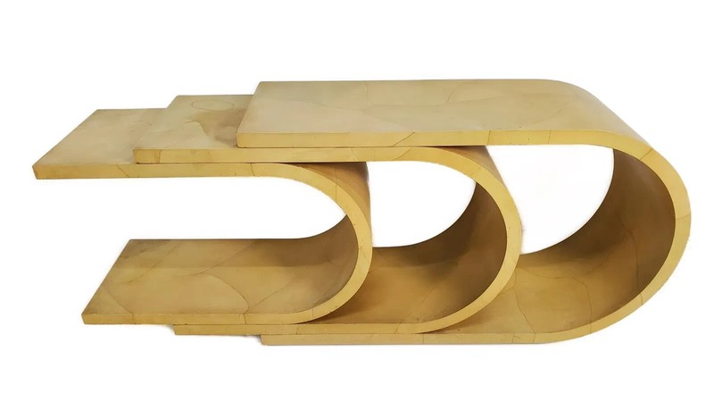 Modern Karl Springer Style Faux Animal Skin Wrapped C-Form Console Table