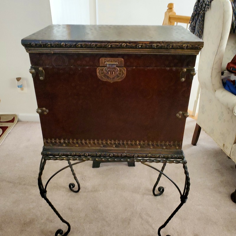 VTG Embossed Leather trunk on brass metal stand