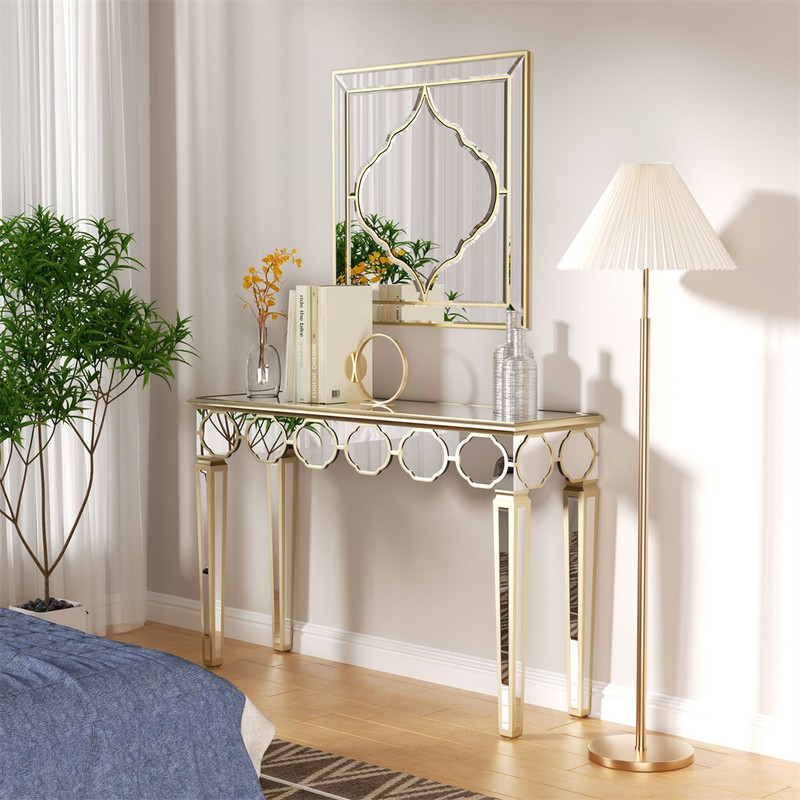 1.2m Ultra Long Mirrored Console Table Gold Rim Lantern Pattern Entryway Table gallery