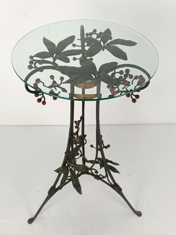 Wrough Iron Table Grapes Cast Iron Gorgeous Art Deco Side Table Pedestal Beveled gallery