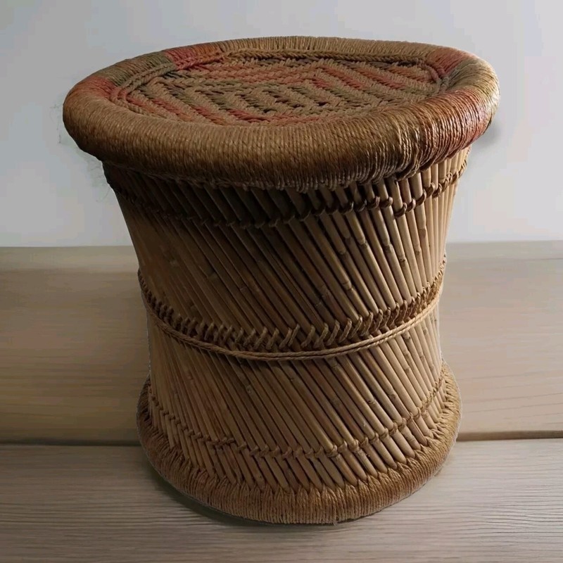 Mid Century Modern Spiral Cane & Woven Sisal Stool/Table/Basket 14" gallery
