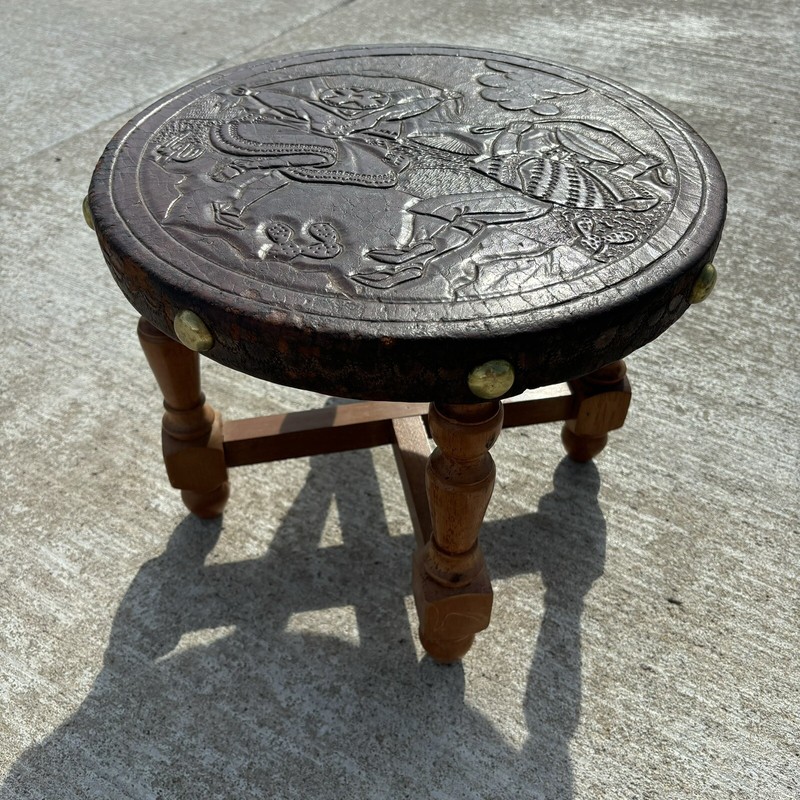 Peruvian Hand Tooled Punched Leather South American Wooden Stool Vintage gallery