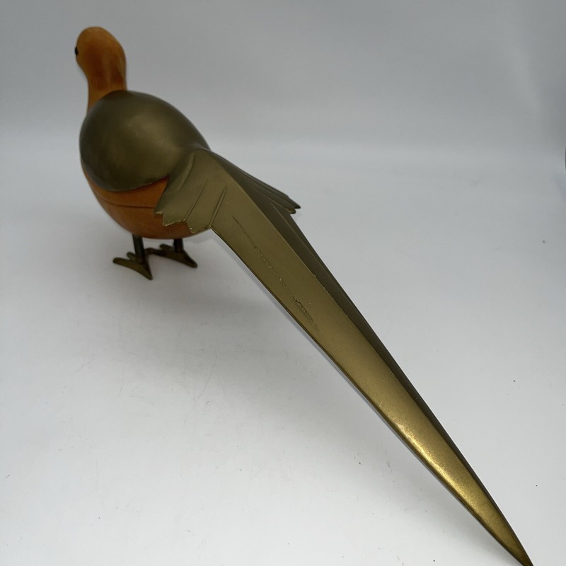 Vintage Carved Bird Peacock Wood And long Brass Feather Tail Nice Condition!! gallery