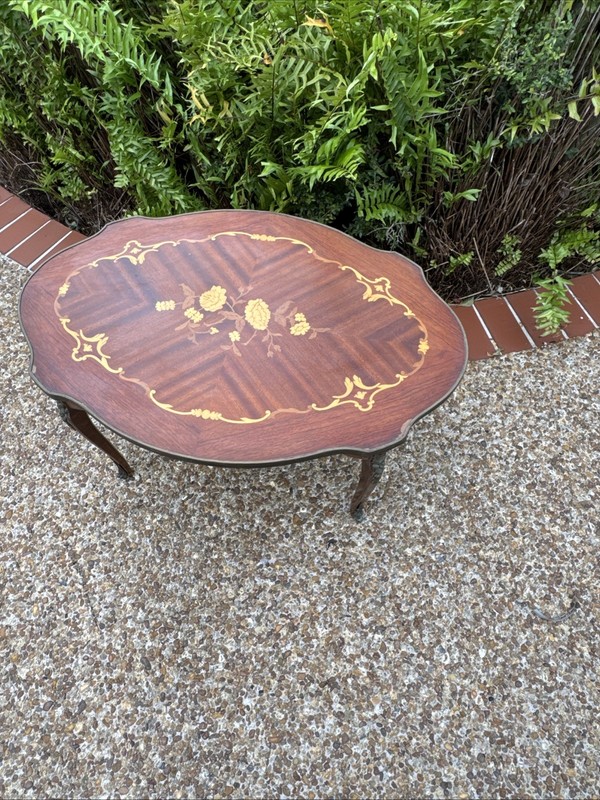 Antique Louis XV Style Coffee Table In Laid Wood Ormolu Marquetry Made in Spain gallery