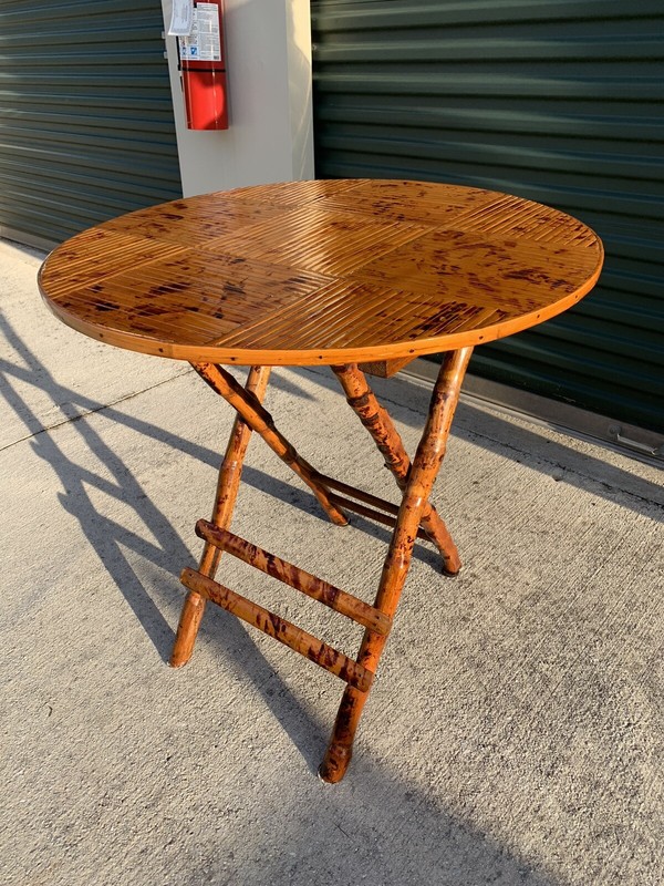 Vintage Bamboo Tortoise Shell Folding Bistro Table MCM 70s Rattan Furniture