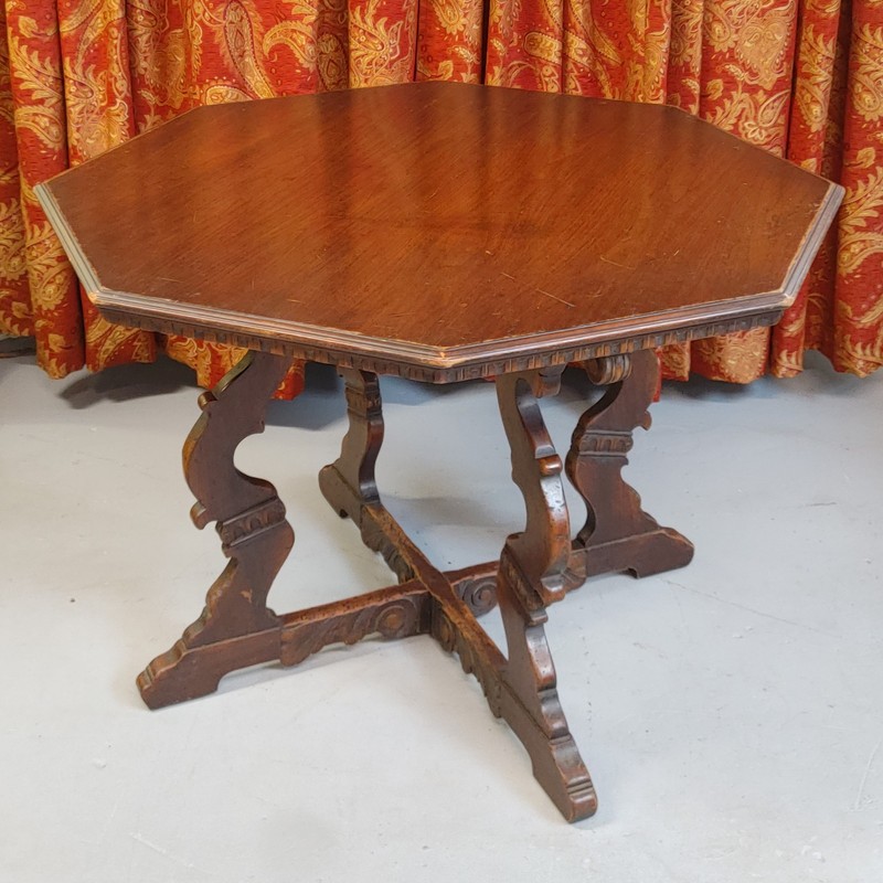 Antique Octagon Wood Center Table Carved Walnut Jacobean Renaissance Card Game gallery
