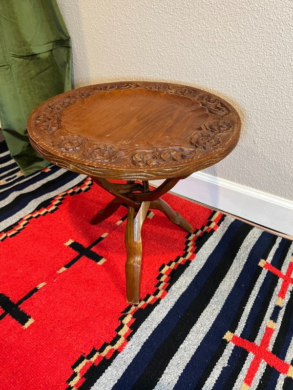 Vintage Wood Carved Side Table with Folding Legs gallery