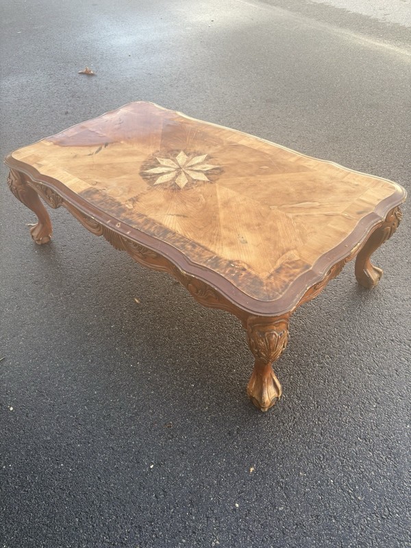 Vintage Ornate Wood Coffee Table Parquet Inlay Carved Legs Traditional